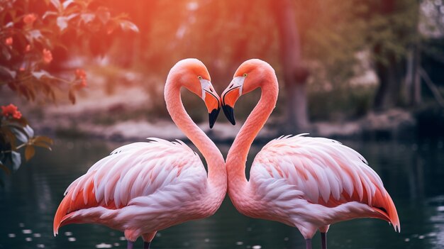 Portrait of affectionate flamingos couple