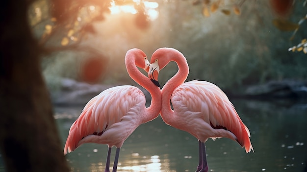 Portrait of affectionate flamingos couple
