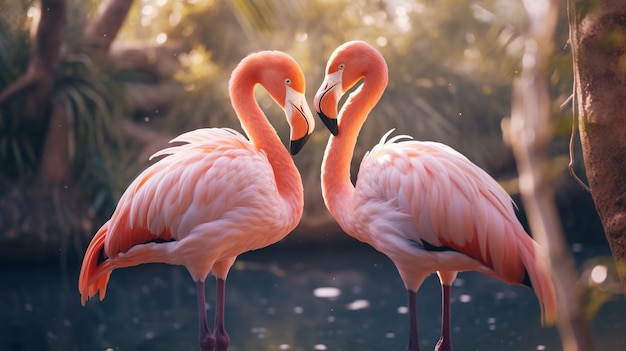 Portrait of affectionate flamingos couple