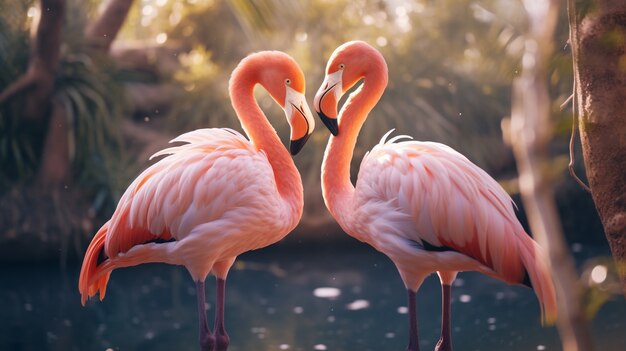Portrait of affectionate flamingos couple