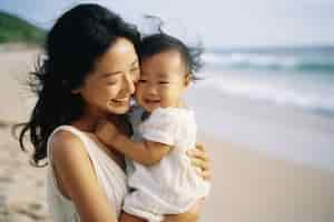 Free photo portrait of affectionate mother and child on the beach