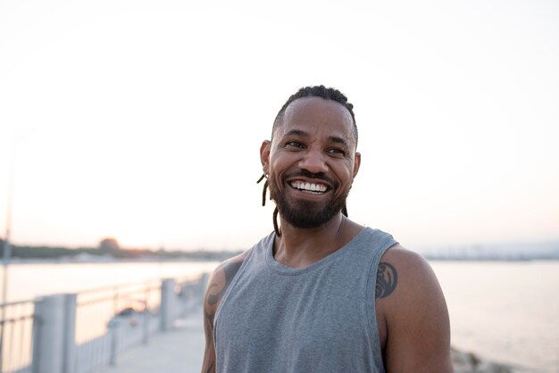 Portrait of african american athlete having a break