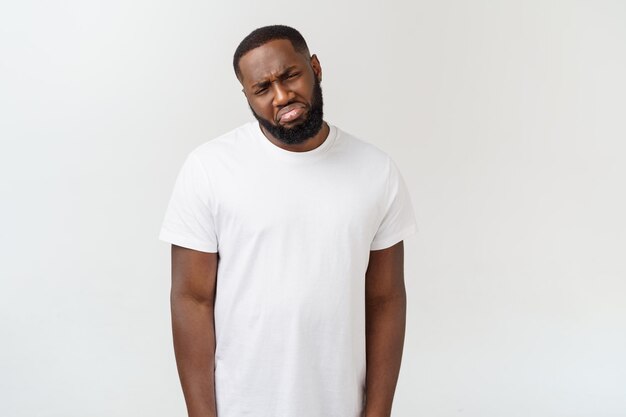 Portrait african american man sad expression with isolate white background