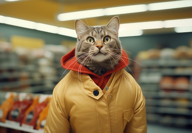 Portrait of anthropomorphic cat dressed in human clothes