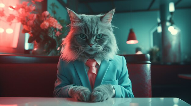 Portrait of anthropomorphic cat dressed in human clothes