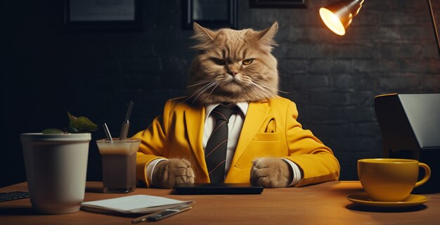 Portrait of anthropomorphic cat dressed in human clothes