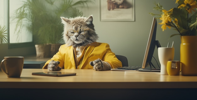 Портрет антропоморфной кошки в человеческой одежде