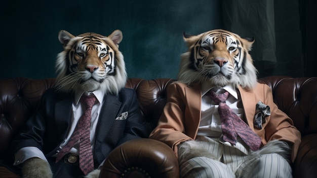 Portrait of anthropomorphic tigers dressed in human clothes