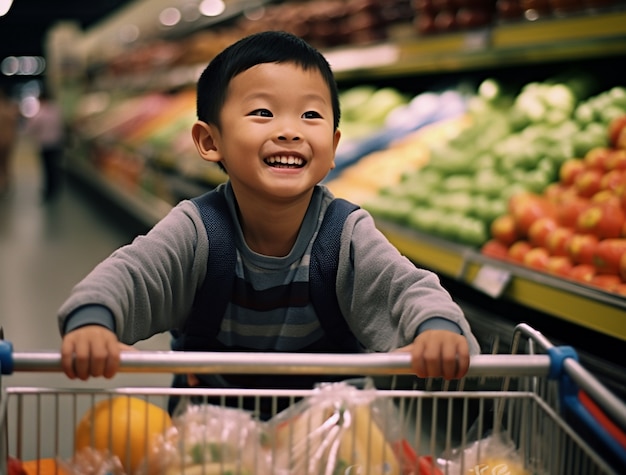 Portrait of asian boy in supermarket