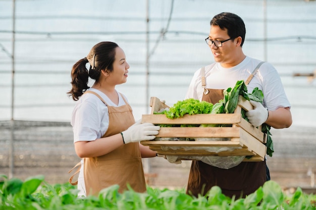 新鮮な生野菜でいっぱいの木箱を保持しているアジアの農家の男性と女性の肖像画。有機農場のコンセプト。