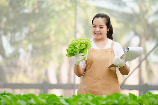 Portrait of Asian farmer woman looking at vegetable in field and checking crop quality. Organic farm concept.