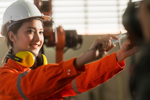 공장 배경에서 자동화 로봇 팔 기계 옆에 자신감 있고 쾌활하게 서 있는 유니폼과 안전한 헬멧을 쓴 아시아 여성 엔지니어의 초상화