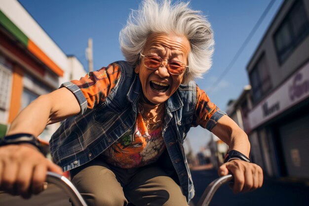 自転車に乗ったアジアのおばあちゃんの肖像画