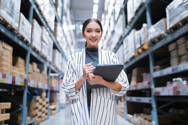 Portrait of asian woman business owner using digital tablet checking amount of stock product inventory on shelf at distribution warehouse factorylogistic business shipping and delivery service