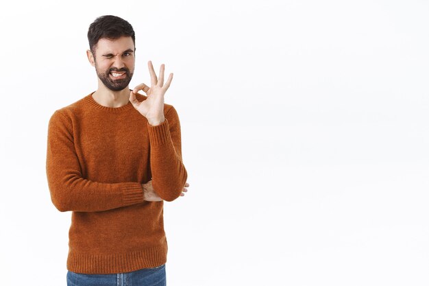 Portrait of assertive good-looking bearded man, assure quality is best, show okay sign, wink and smiling assuring, being confident as recommend something, standing pleased white wall