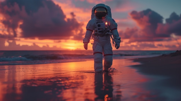 Free photo portrait of astronaut in space suit doing common activity outdoors