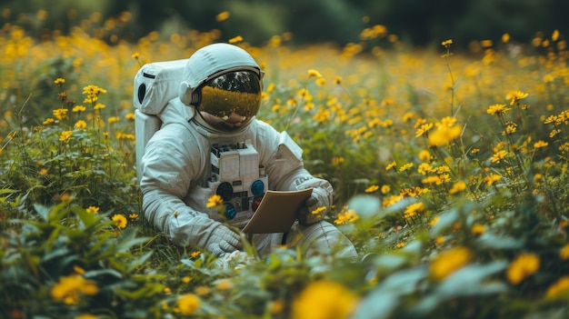 Foto gratuita ritratto di un astronauta in tuta spaziale che fa un'attività comune all'aperto