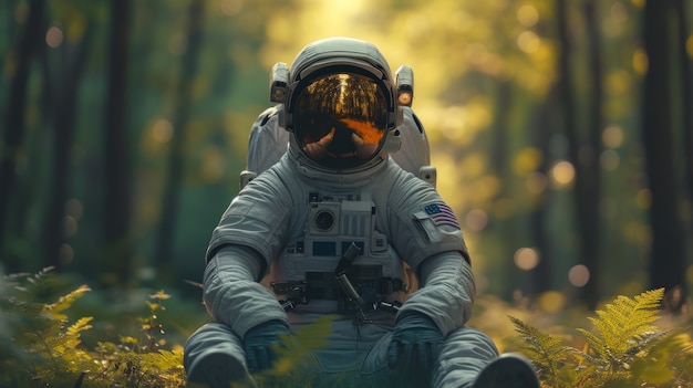 Foto gratuita ritratto di un astronauta in tuta spaziale che fa un'attività comune all'aperto