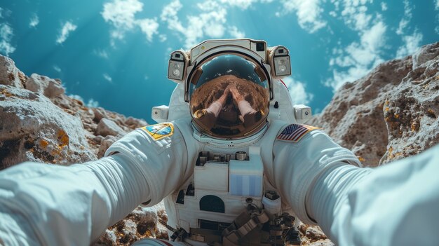 宇宙服を着た宇宙飛行士が屋外で一般的な活動をしている肖像画