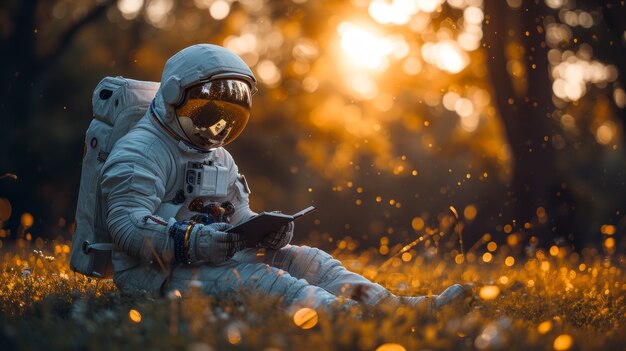 Portrait of astronaut in space suit with book