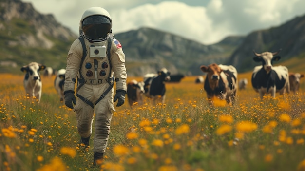 Free photo portrait of astronaut in space suit with cows