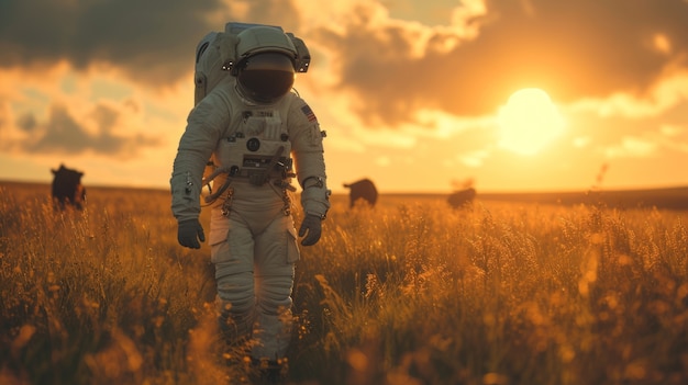 Free photo portrait of astronaut in space suit with cows