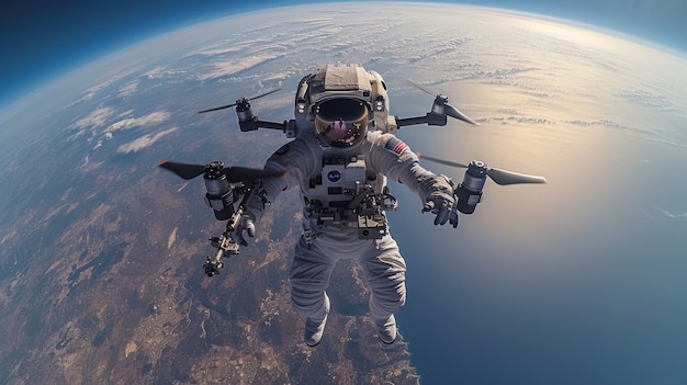 Foto gratuita ritratto di un astronauta in tuta spaziale con un drone