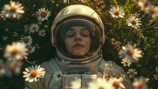 花とともに宇宙服を着た宇宙飛行士の肖像画