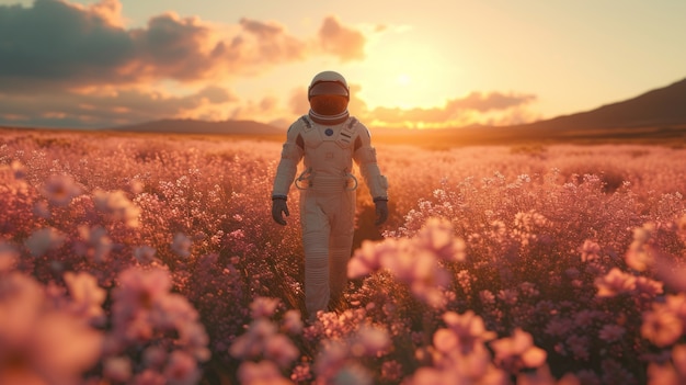 portrait of astronaut in space suit with flowers