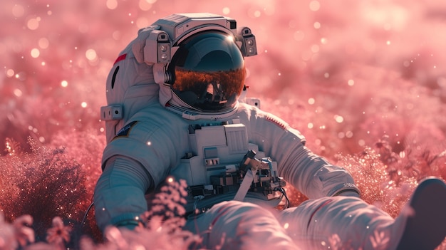 花とともに宇宙服を着た宇宙飛行士の肖像画