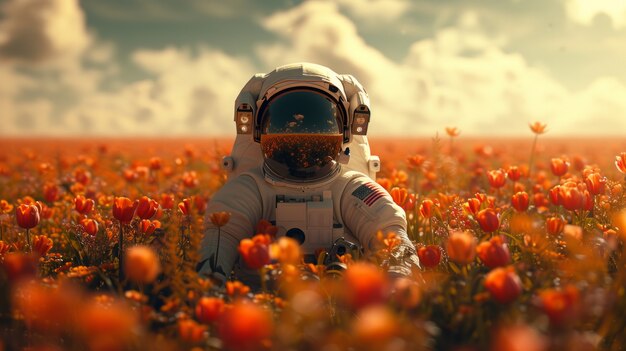 Portrait of astronaut in space suit with flowers