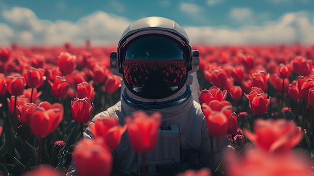 Foto gratuita ritratto di un astronauta in tuta spaziale con dei fiori