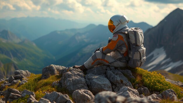 Портрет астронавта в космическом костюме с горами