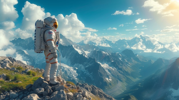 Free photo portrait of astronaut in space suit with mountains