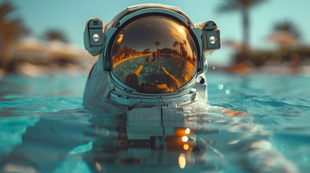 Portrait of astronaut in space suit with pool