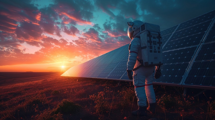 Free Photo portrait of astronaut in space suit with solar panels