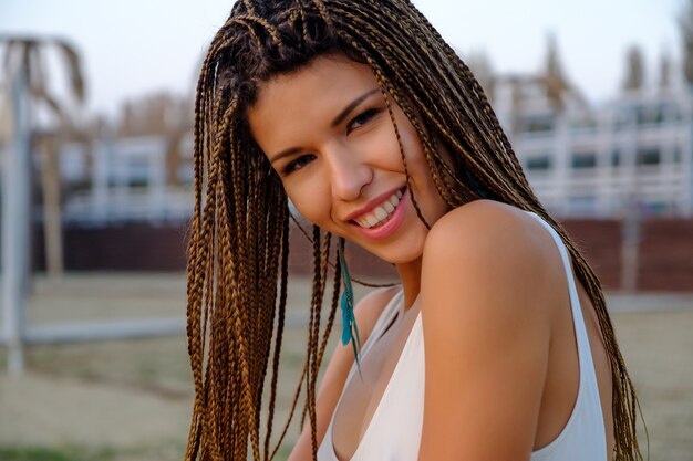 Portrait of attractive asian model girl with braided hairstyle.