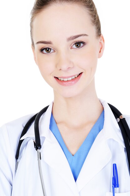 Portrait of attractive laughing female doctor with stethoscope - close-up