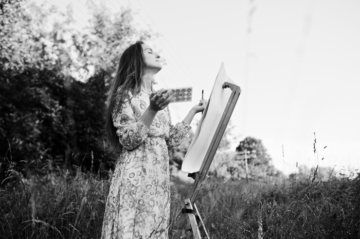 無料Photo 自然の中で水彩画とロングドレスの絵画で魅力的な若い女性の肖像画黒と白の写真