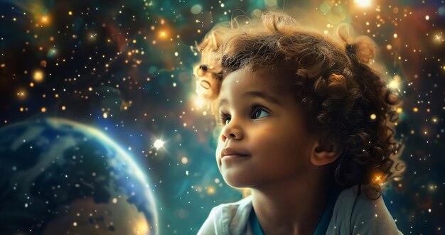 Foto gratuita ritratto di un bambino autistico in un mondo immaginario