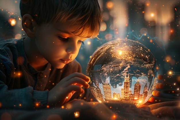 Free photo portrait of autistic kid in fantasy world