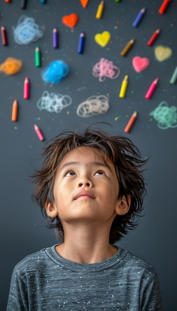 Foto gratuita ritratto di un bambino autistico in un mondo immaginario