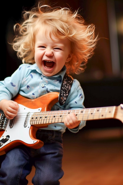 Portrait of baby playing guitar