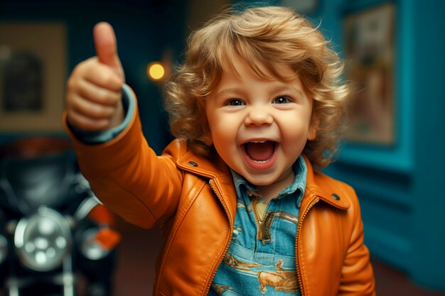 Portrait of baby showing thumbs up