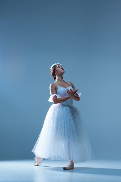 Portrait of the ballerina on blue wall