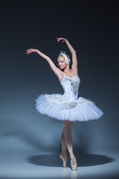 Portrait of the ballerina  in the role of a white swan on blue background