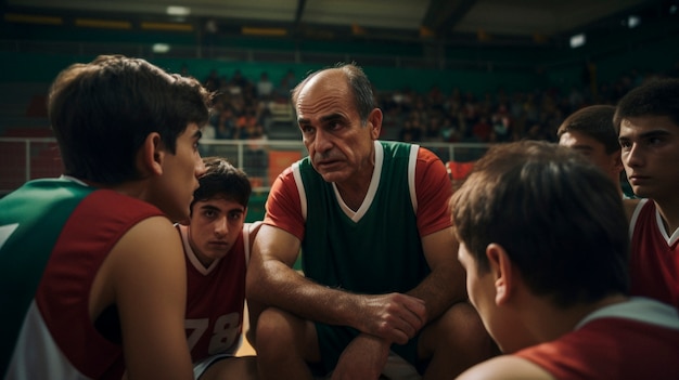 Ritratto di un allenatore di basket con i giocatori