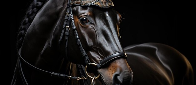 Portrait of a bay horse in the bridle on a black background