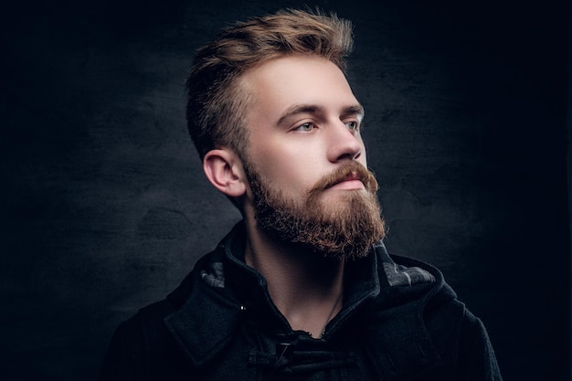 Portrait of a bearded urban male isolated with contrast illumination on grey vignette background.