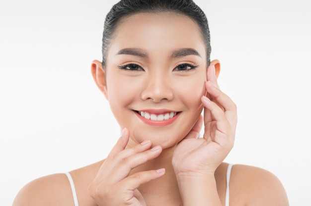 Portrait of beautiful asian woman with black hair and pink lips